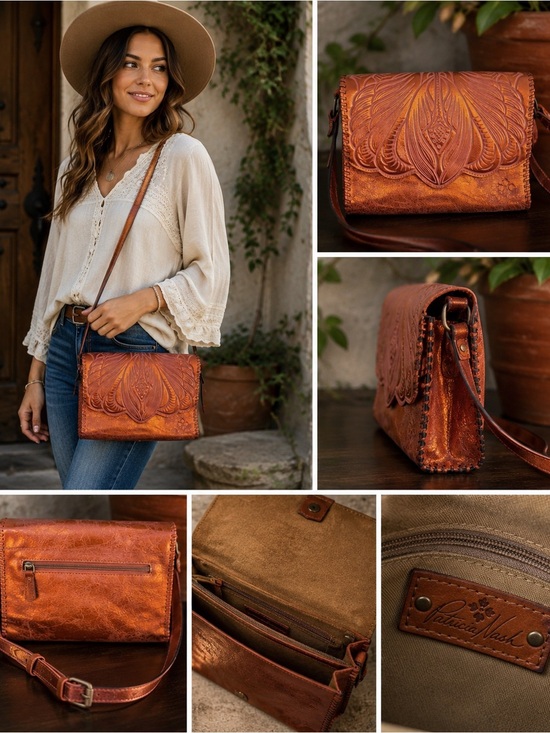 Patricia Nash Handbags - Patricia Nash Sarola Leather Crossbody Bag Burnt Coral Metallic Tooled Purse